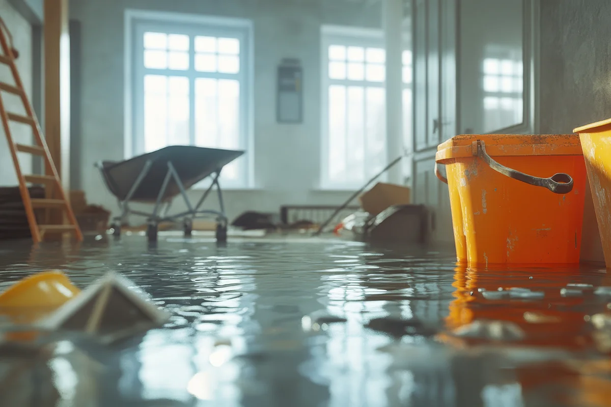 eures-wasserschaden-2 Eures • Überschwemmter Raum mit orangefarbenem Eimer und Möbeln.