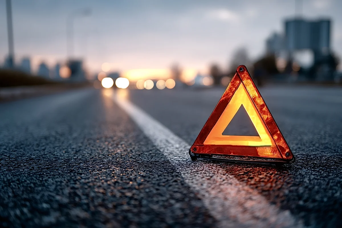 eures-strassen-warndreieck Eures • Pannendreieck auf Straße bei Dämmerung, Warnung vor Gefahr.