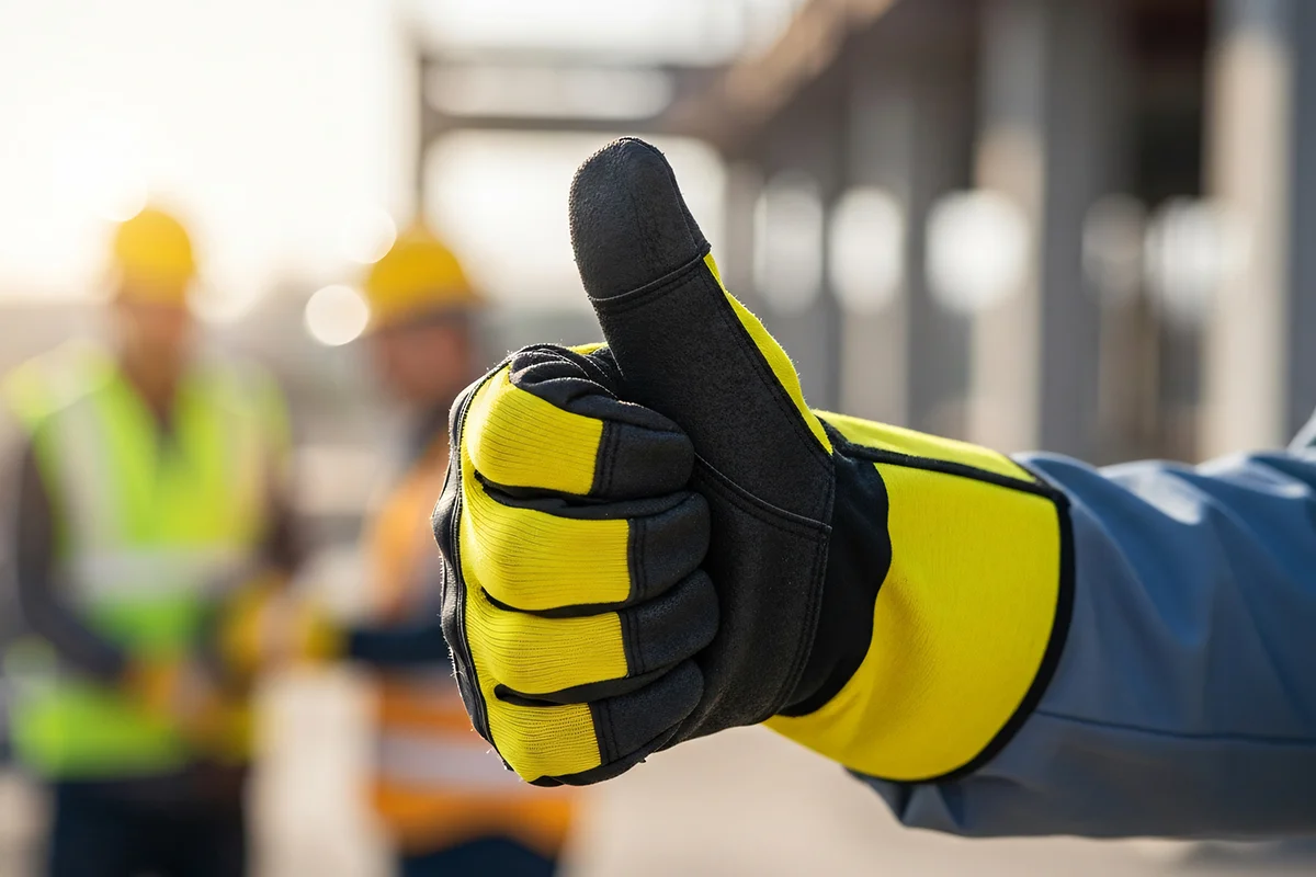Eures • Arbeiter mit gelben Handschuhen zeigt Daumen hoch auf Baustelle.