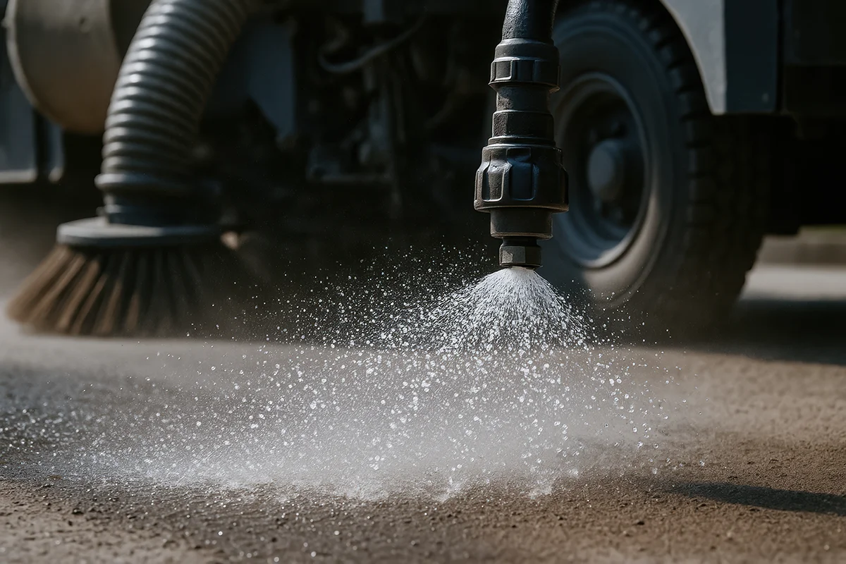 eures-strassenreinigung-fahrzeug Eures • Wasserstrahl eines Kehrsaugers reinigt staubige Straße.