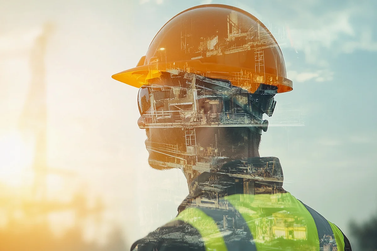 Eures • Bauarbeiter mit Helm vor industrieller Kulisse.