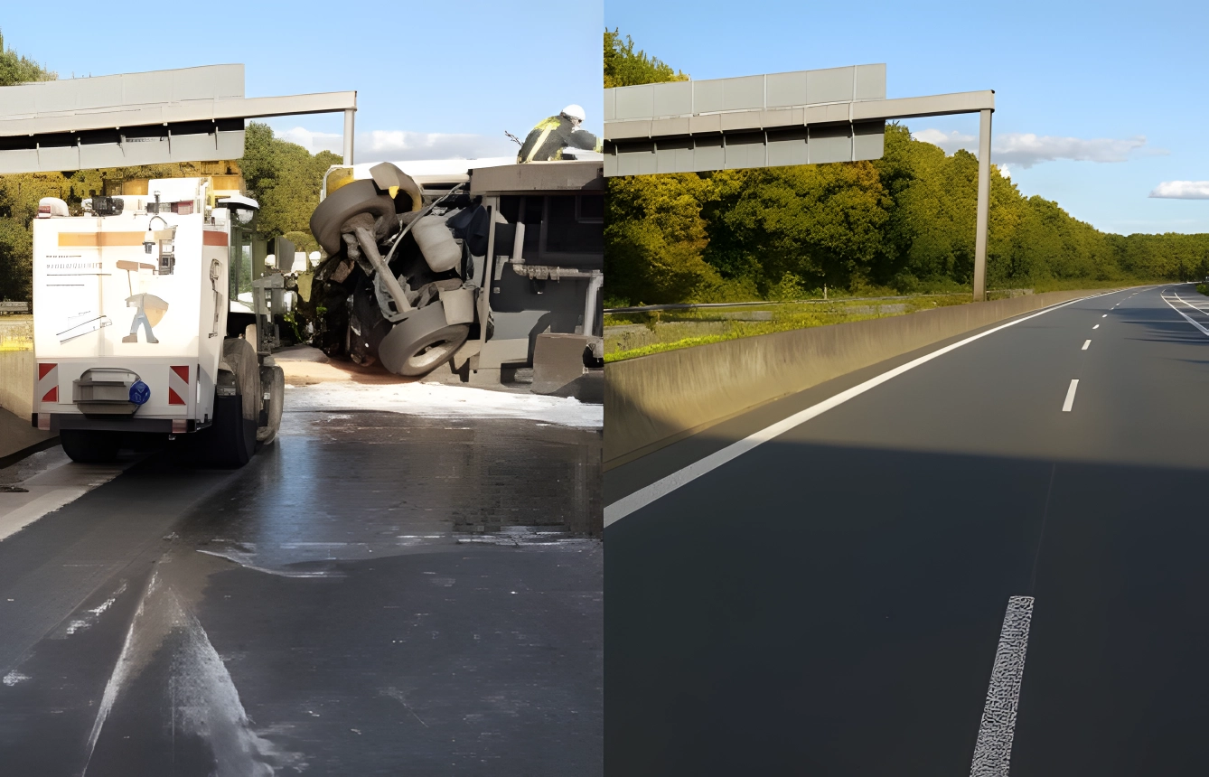 Eures • Unfall mit Lkw auf Autobahn, beschädigte Fahrbahn und Einsatzfahrzeug.