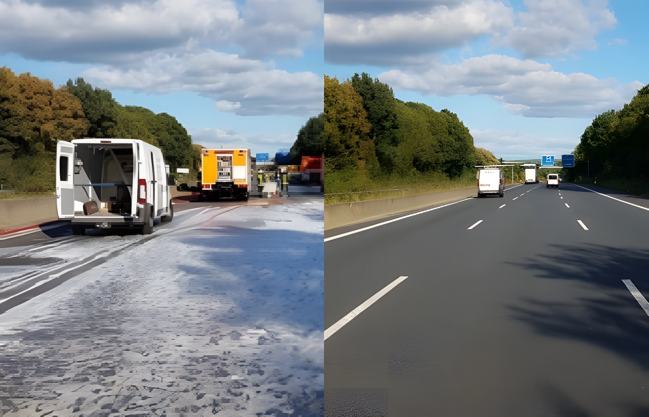 Eures • Reinigung der Autobahn mit Fahrzeugen, links schaumig, rechts frei.