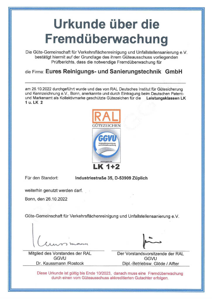 Eures • Urkunde zur Fremdüberwachung von Eures Reinigungstechnik GmbH.
