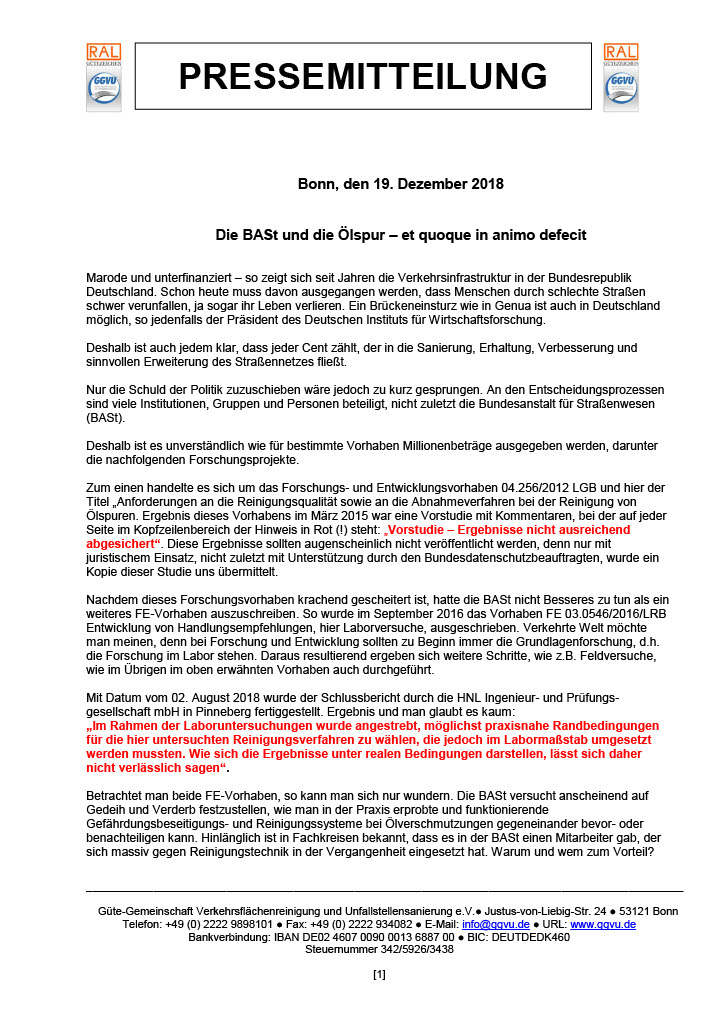 Eures • Pressemitteilung der BASt zur Verkehrsinfrastruktur und Ölspur, Bonn 2018.