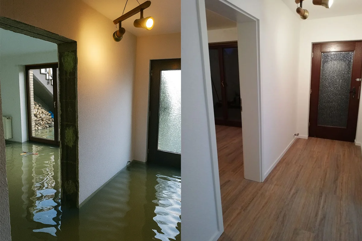 Eures • Überfluteter Flur vor und nach der Renovierung, trockene Fußböden.