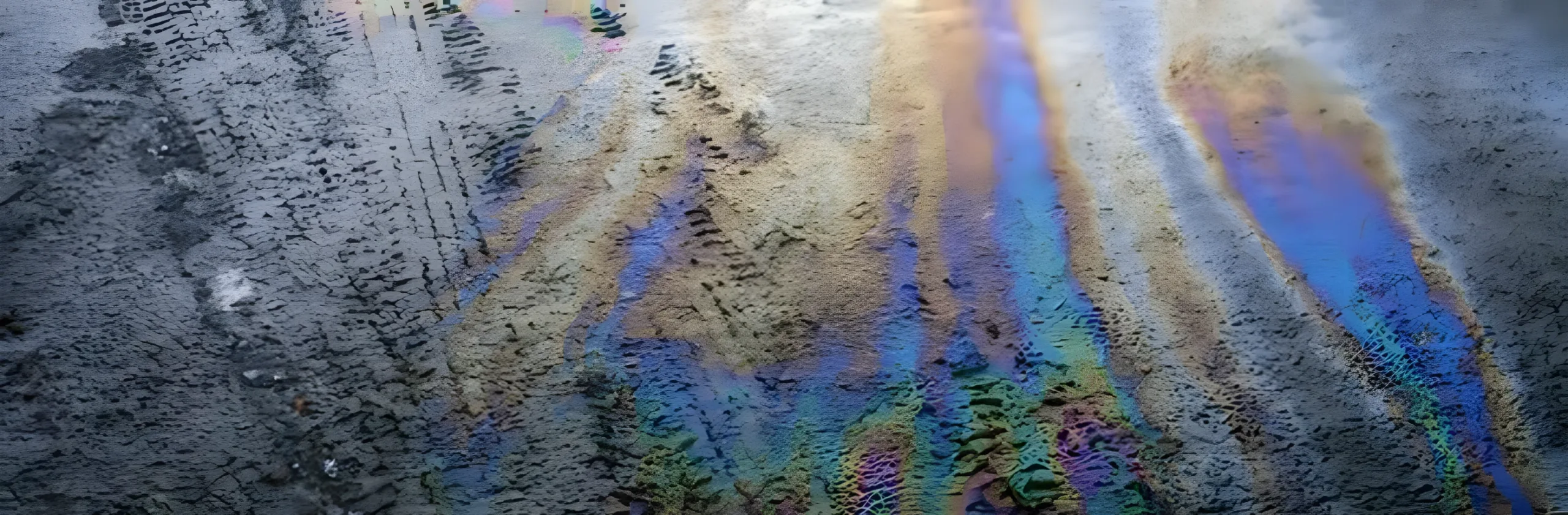 industrie-verkehrsflaechenreinigung-oelflecken Eures • Ölfilm auf nassem Boden mit bunten Reflexionen.